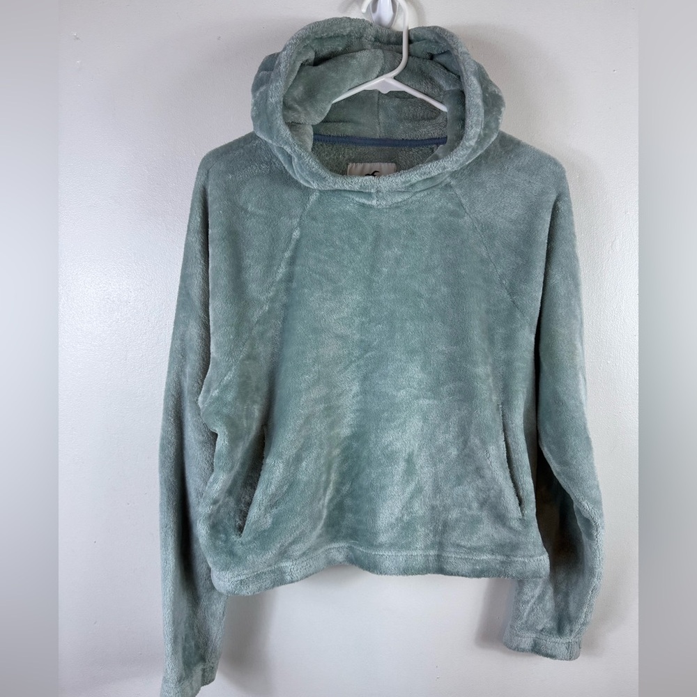 Hollister Womens Teens Fleece Cropped Hoodie Green Medium Soft Warm Pockets